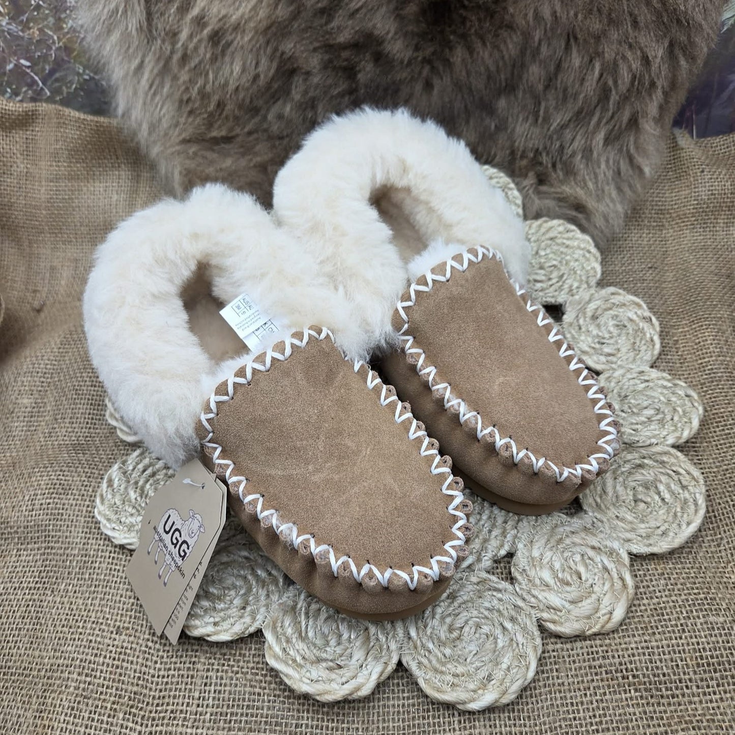 UGG Sheepskin Moccasin chestnut side by side