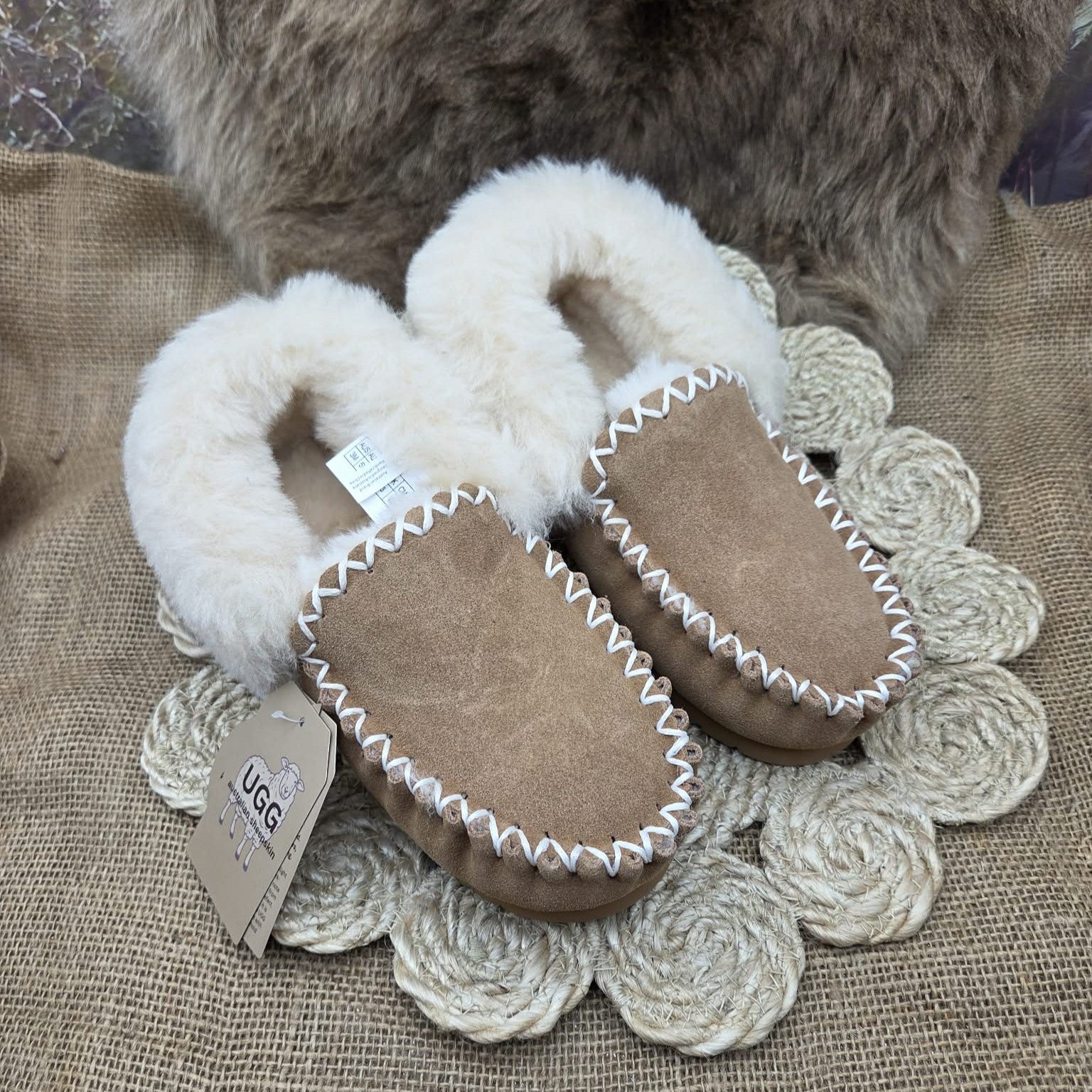 UGG Sheepskin Moccasin chestnut side by side